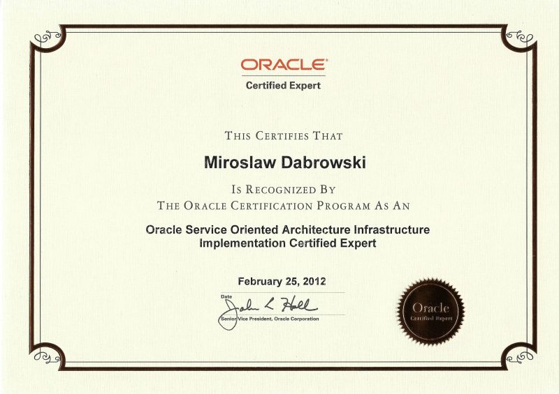 Oracle Certified Expert, Oracle Service Oriented Architecture Infrastructure Implementation Certified Expert