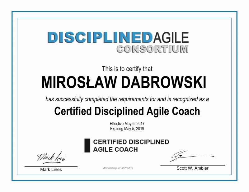 CDAC - Certified Disciplined Agile Coach - Miroslaw Dabrowski